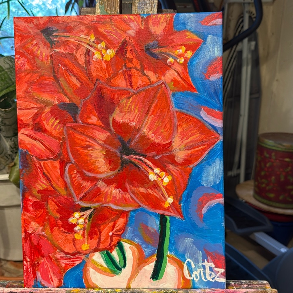 Lovely 15 1/2 X 12 Acrylic by Cortez Curtis hand painted still life Amaryllis.
